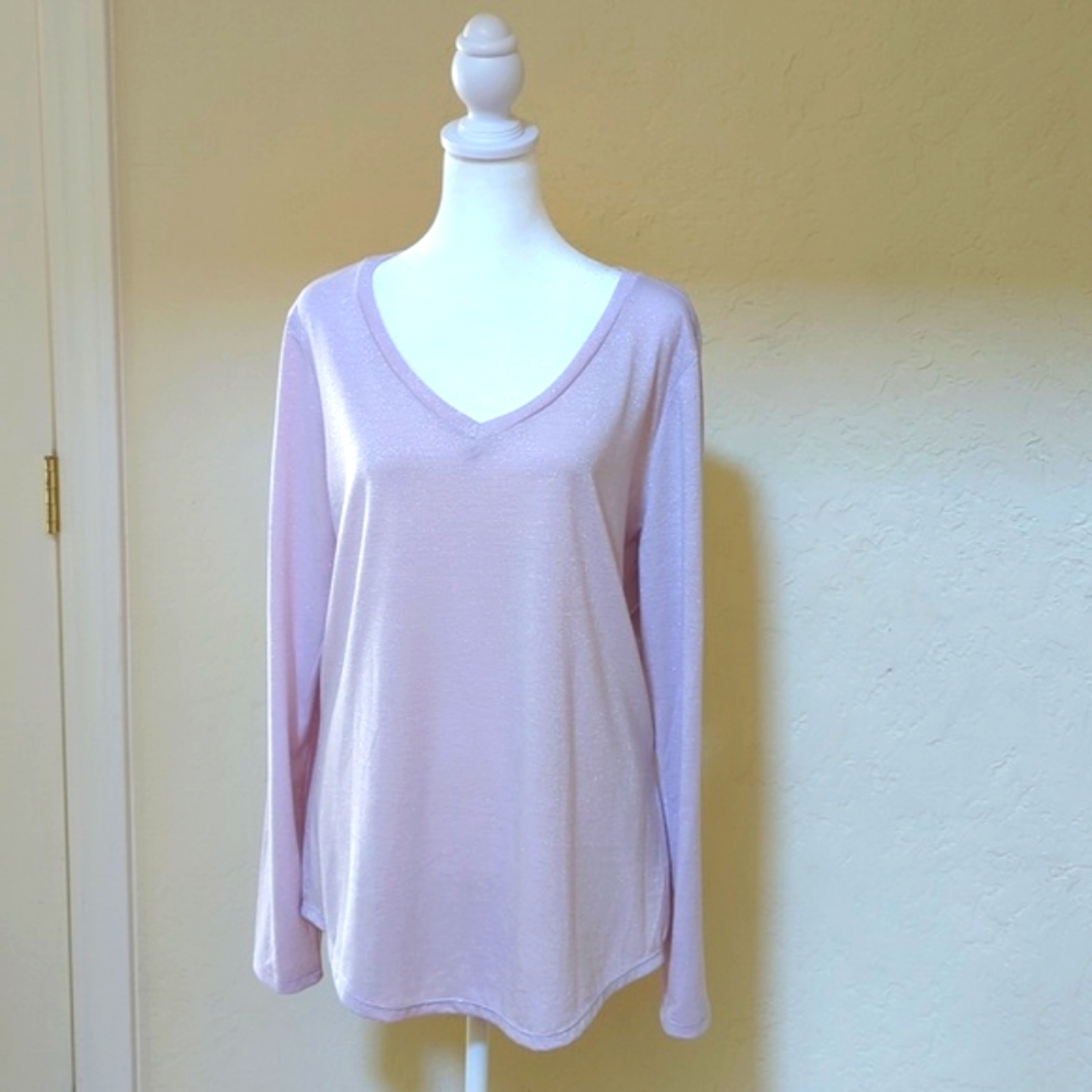 3/$20🌟 attention Pink Silver Metallic Striped V Neck Long Sleeve Tee Size XL